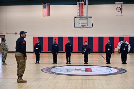 Command Sgt. Maj. Ronald L. Smith Jr., Command SEL for the D.C. National Guard, and members of the Recruitment and Retention Battalion participate in mentorship activities during the acclimation phase at the Capital Guardian Youth ChalleNGe Academy, in Laurel, Md., on Jan. 13, 2025. The engagement supports the core components of the life intervention, dropout reintegration, and General Education Development (GED) preparatory program.