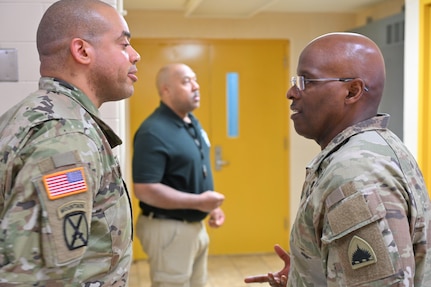 Command Sgt. Maj. Ronald L. Smith Jr., Command SEL for the D.C. National Guard, and members of the Recruitment and Retention Battalion participate in mentorship activities during the acclimation phase at the Capital Guardian Youth ChalleNGe Academy, in Laurel, Md., on Jan. 13, 2025. The engagement supports the core components of the life intervention, dropout reintegration, and General Education Development (GED) preparatory program.