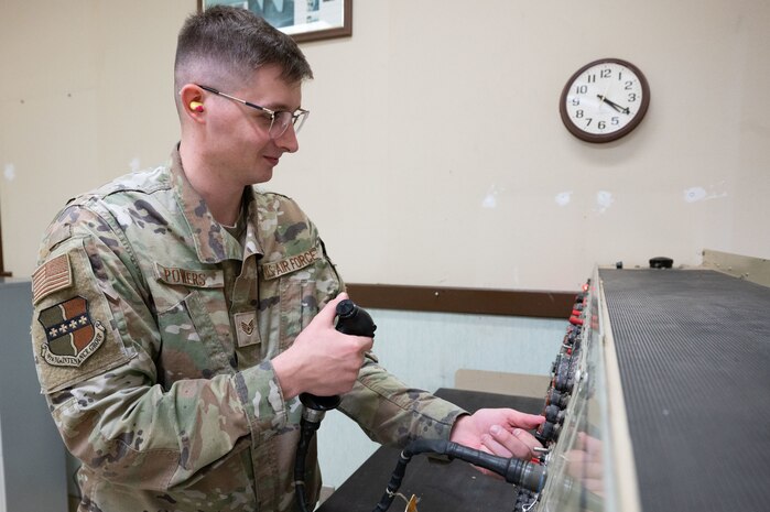 U.S. Air Force Staff Sgt. Shawn Powers, 9th Maintenance Air Force Repair Enhancement Program (AFREP) technician, runs a test on a T-38 Talon stick grip at Beale Air Force Base, California, Jan. 27, 2025.