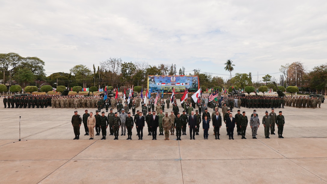 More than 200 service members from U.S., Thailand, Japan, Singapore, South Korea, Indonesia, and Malaysia gathered on the parade grounds at Camp Suranaree, Thailand, Feb. 25, 2025 to usher in the start of Cobra Gold 2025.