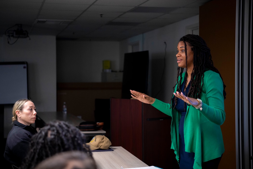 Personal Financial Specialist Adrienne Taylor, assigned to Fleet & Family Support Services Mobile Training Team, teaches a class onboard Naval Support Activity Souda Bay, Crete, Greece, during a visit to the installation on Feb. 19, 2025.