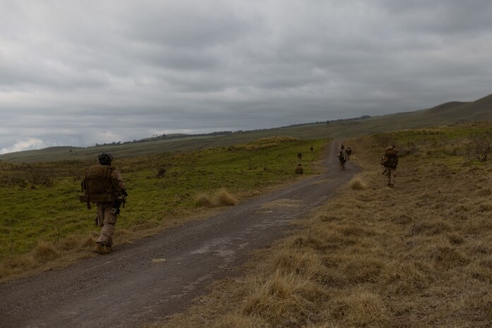 U.S. Marines with 3d Marine Division patrol during a training exercise at Pohakuloa Training Area, Hawaii, Feb. 11, 2025. Marines conducted a force-on-force operation against U.S. Army soldiers with the 25th Infantry Division. The training exercise mirrors a Service Level Training Exercise to train Marines on setting conditions to go forward to the Philippines in support of Exercise Balikatan 25 and Kamandag 9 this summer. (U.S. Marine Corps photo by Sgt. Jacqueline C. Parsons)