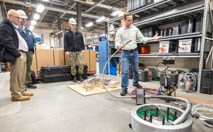 Rear Adm. Peter Small, chief engineer and deputy commander, Naval Sea Systems Engineering & Logistics, toured facilities at Puget Sound Naval Shipyard & Intermediate Maintenance Facility in Bremerton, Washington, Feb. 4, 2025, to learn about the command's technological advancements and infrastructure challenges. (U.S. Navy photo by Wendy Hallmark)