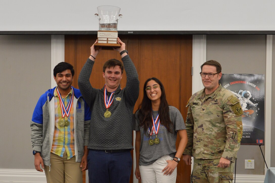 U.S. Army Corps of Engineers, Jacksonville District Commander, Col. Brandon Bowman, together with the overall winners of the Engineering Career Day event from Bolles High School. The event was hosted in partnership with The Society of American Military Engineers (SAME) Jacksonville Post at the Downtown Jacksonville Main Library.