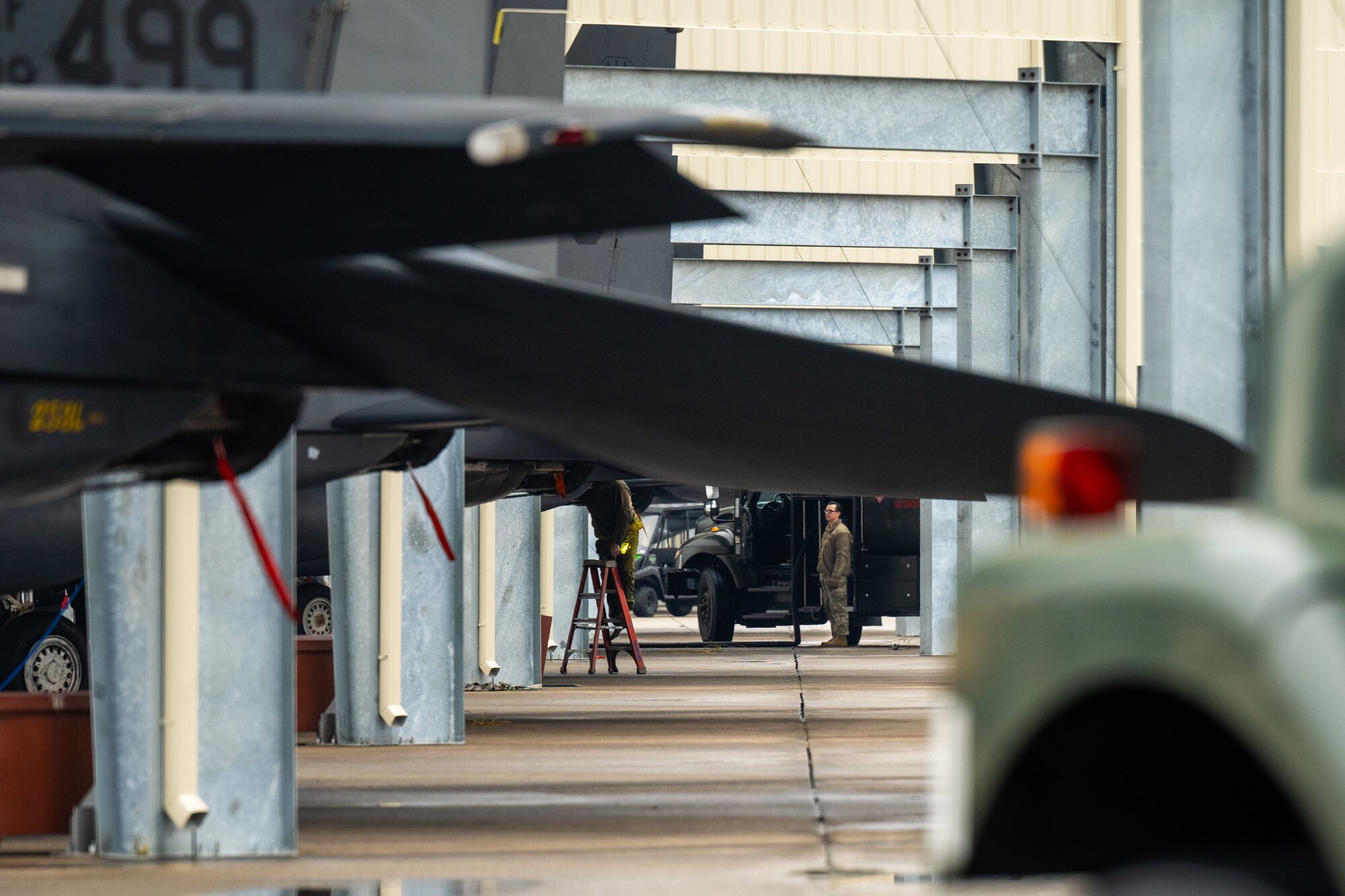 F-15E Strike Eagles are staged on the flight line at Seymour Johnson Air Force Base, North Carolina, Jan. 27, 2025. The Strike Eagle is a dual-role fighter jet designed to perform air-to-air and air-to-ground missions. (U.S. Air Force photo by Airman 1st Class Rebecca Tierney