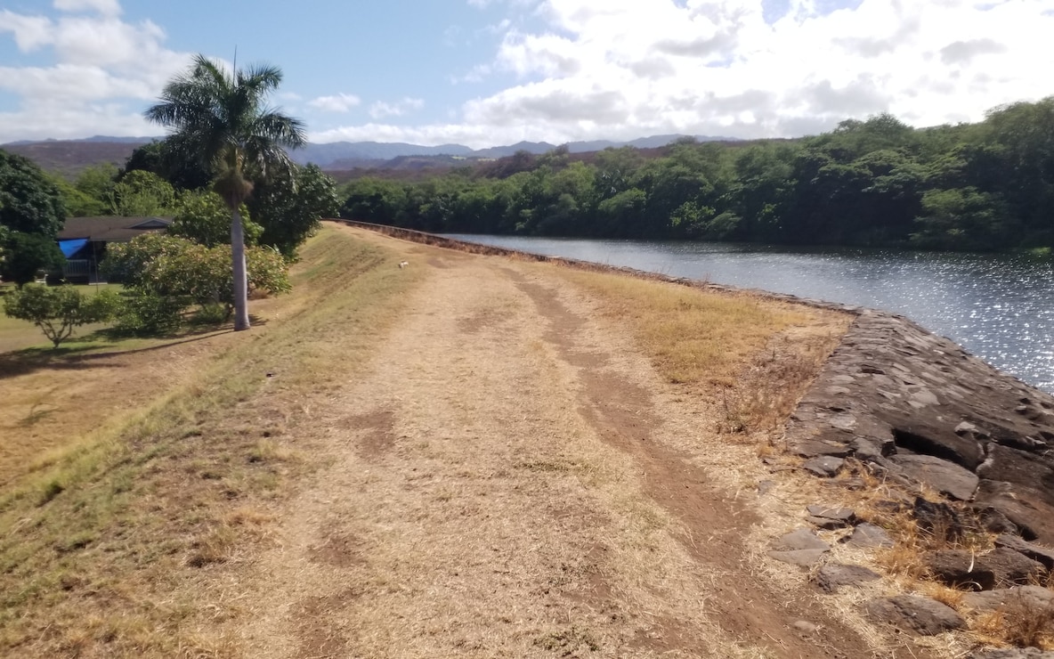 Waimea River Flood Control Project levee. Photo taken from right bank, upstream of flood gates, facing upstream. (USACE, 2024)