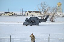 An MH-139A Grey Wolf helicopter assigned to the 550th Helicopter Squadron prepares to take off.