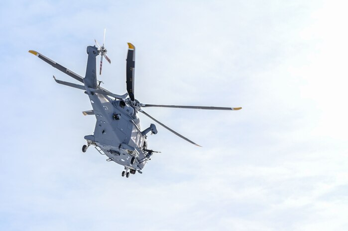 An MH-139A Grey Wolf helicopter assigned to the 550th Helicopter Squadron takes off.