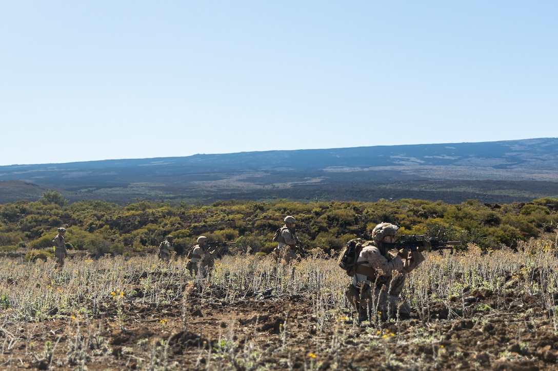 U.S. Marines with 3d Littoral Combat Team, 3d Marine Littoral Regiment, 3d Marine Division, conduct dry-fire squad attacks during a training exercise at Pohakuloa Training Area, Hawaii, Feb. 3, 2025. The training exercise taking place at PTA mirrors a Service Level Training Exercise by setting conditions for 3d MLR and its subordinate battalions to go forward to the Philippines in support of Exercise Balikatan 25 and Kamandag 9 this summer. (U.S. Marine Corps photo by Cpl. Malia Sparks)