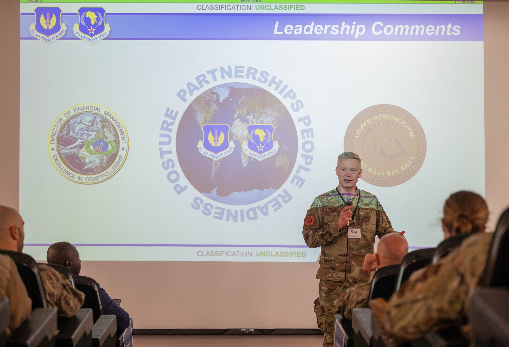 U.S. Air Force Col. Charles Barkhurst, U.S. Air Forces in Europe - Air Forces Africa financial management comptroller, provides remarks during the USAFE-AFAFRICA 2025 Budget Symposium at Ramstein Air Base, Germany, Feb. 25, 2025. The event hosted over 70 members from all bases within USAFE-AFAFRICA