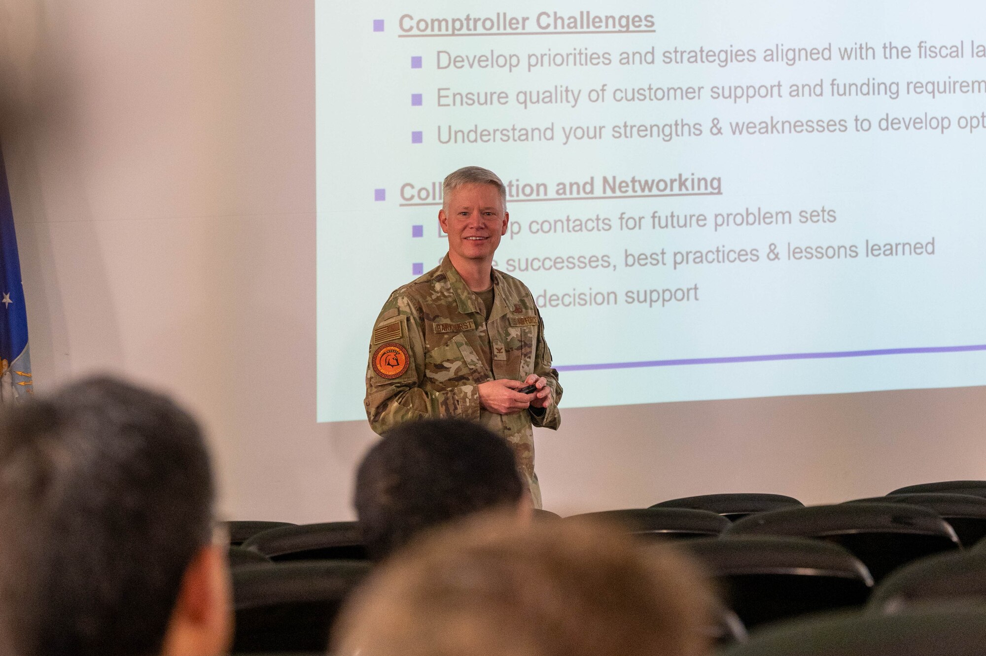 U.S. Air Force Col. Charles Barkhurst, U.S. Air Forces in Europe - Air Forces Africa financial management comptroller, provides remarks during the USAFE-AFAFRICA 2025 Budget Symposium on Ramstein Air Base, Germany, Feb. 25, 2025. The symposium provided an opportunity for core financial management personnel within USAFE-AFAFRICA to bring forward questions and concerns geared towards the USAFE-AFAFRICA financial management mission vision.