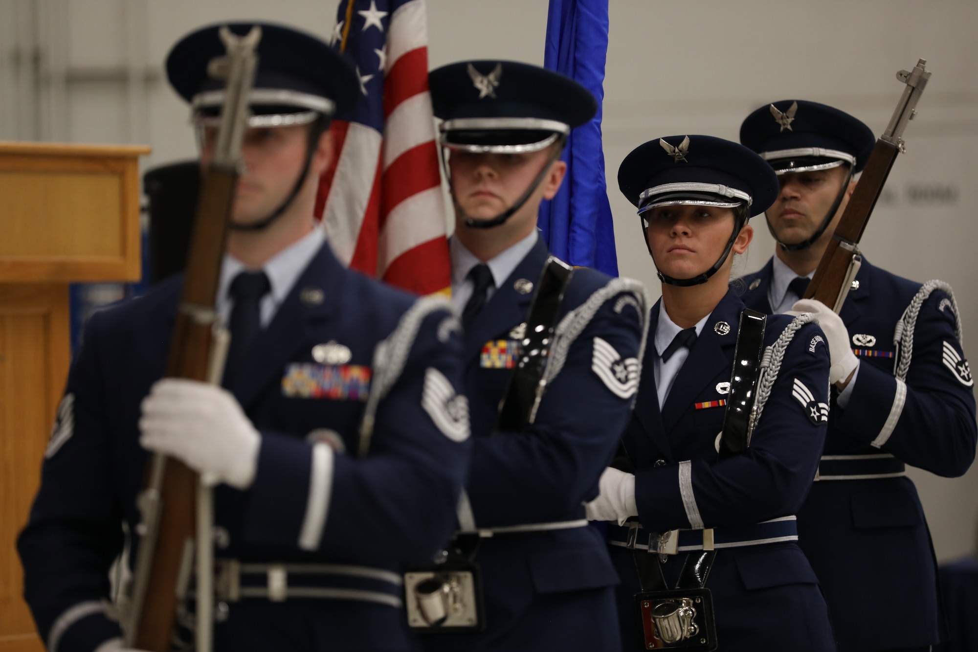 The 445th Airlift Wing Honor Guard post colors for a ceremony during unit training assembly, Feb. 1, 2025. The honor guard's primary mission is to provide military funeral honors for active-duty members, retirees and veterans who served honorably in the Air Force within their six-state 210,000 square mile area of responsibility. States include all of Ohio, Michigan, Kentucky; half of Indiana and West Virginia, and two counties in Pennsylvania.
