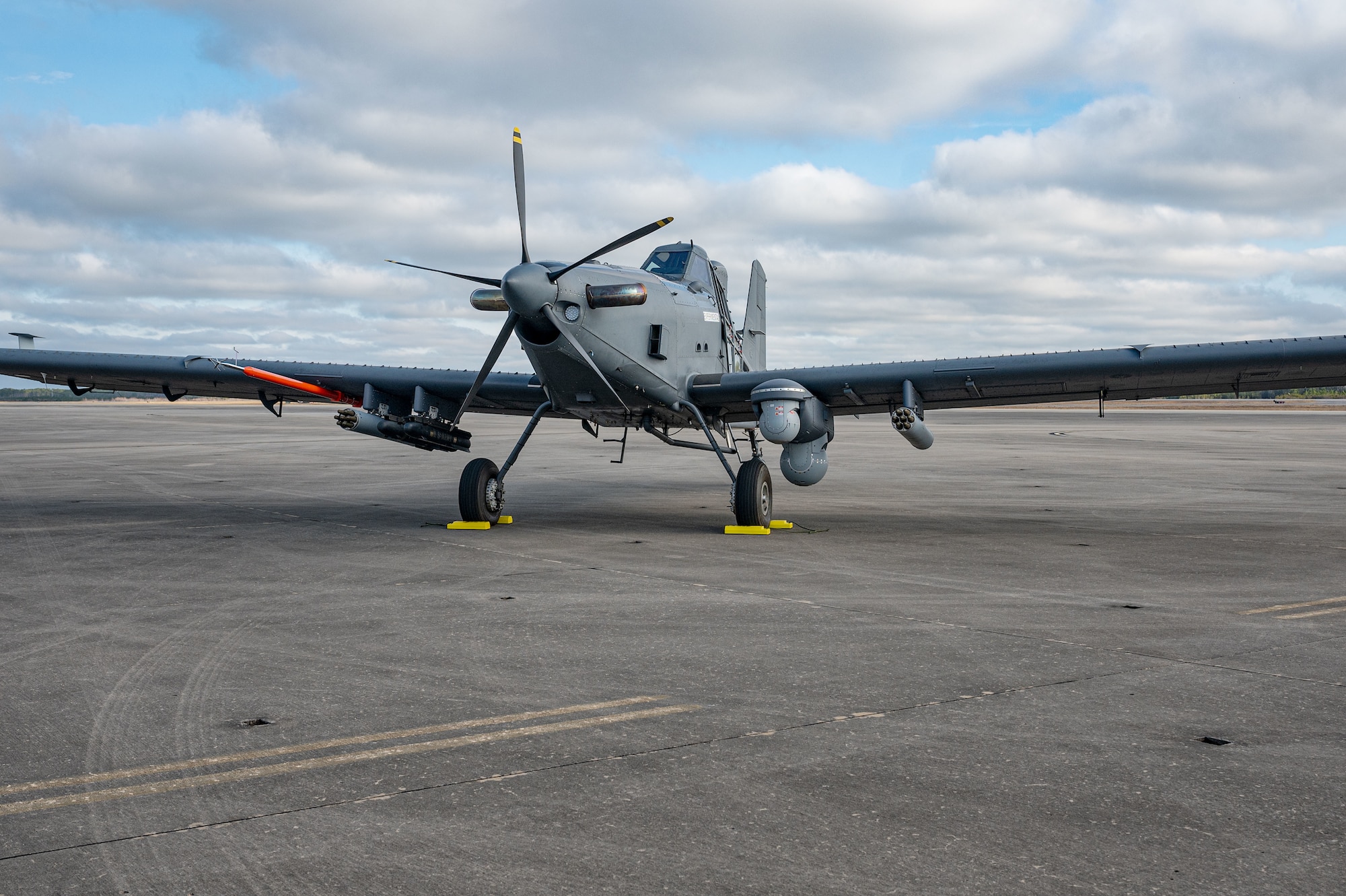 A U.S. Air Force OA-1K Skyraider II is parked on the flightline at Hurlburt Field, Florida, Jan. 28, 2025. The OA-1K Skyraider II is a new, flexible, cost-effective crewed aircraft adaptable to deliver capabilities in support of defense priorities.  (U.S. Air Force photo by Staff Sgt. Natalie Fiorilli)