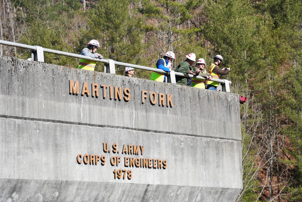 U.S. Army Corps of Engineers Nashville District officials inspect Martins Fork Dam in Smith, Kentucky on Feb. 25, 2025 after a recent high water event. The special dam inspection determined that the dam remains in solid condition.