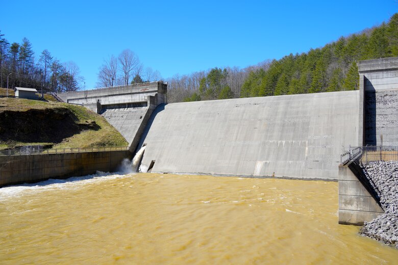 Water from the Martins Fork reservoir in Smith, Kentucky is released from the Martins Fork Dam sluice gates on Feb. 25, 2025, to lower the water levels after heavy rains passed through the region.