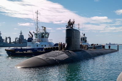 WESTERN AUSTRALIA (Feb. 25, 2025) — USS Minnesota (SSN 783) arrives in Western Australia on Feb. 25, 2025, initiating the first of two planned U.S. fast-attack submarine visits to HMAS Stirling in 2025. Port visits support the first pillar of the Australia, United Kingdom, and United States trilateral security agreement, known as AUKUS, that is delivering a sovereign conventionally armed, nuclear-powered attack submarine capability to Australia. (U.S. Navy photo by Public Affairs Officer Lt. Corey Todd Jones)