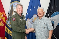 Adm. Samuel J. Paparo, commander of U.S. Indo-Pacific Command, meets with Commonwealth of the Northern Marianas Islands Governor Arnold Palacios at USINDOPACOM headquarters on Camp H.M. Smith in Honolulu, Feb. 26, 2025.