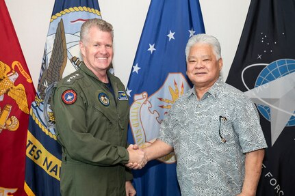 Adm. Samuel J. Paparo, commander of U.S. Indo-Pacific Command, meets with Commonwealth of the Northern Marianas Islands Governor Arnold Palacios at USINDOPACOM headquarters on Camp H.M. Smith in Honolulu, Feb. 26, 2025.