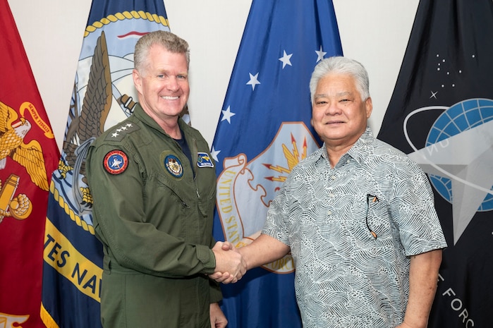 Adm. Samuel J. Paparo, commander of U.S. Indo-Pacific Command, meets with Commonwealth of the Northern Marianas Islands Governor Arnold Palacios at USINDOPACOM headquarters on Camp H.M. Smith in Honolulu, Feb. 26, 2025.