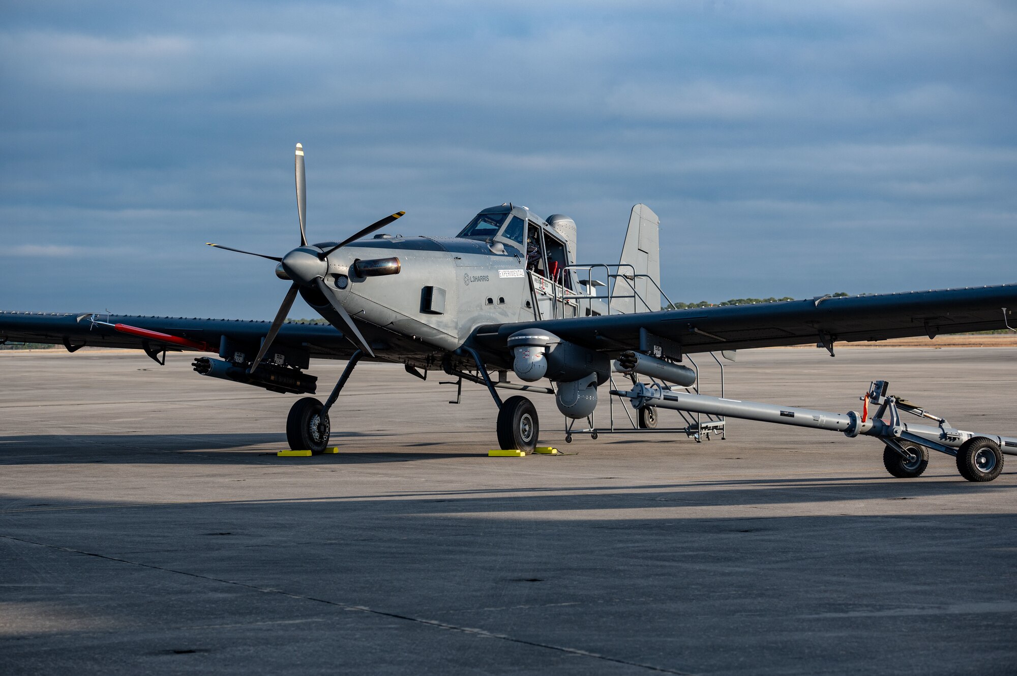 A U.S. Air Force OA-1K Skyraider II is parked on the flightline at Hurlburt Field, Florida, Jan. 28, 2025. The OA-1K Skyraider II is a new, flexible, cost-effective crewed aircraft adaptable to deliver capabilities in support of defense priorities.  (U.S. Air Force photo by Staff Sgt. Natalie Fiorilli)