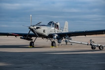 A U.S. Air Force OA-1K Skyraider II is parked on the flightline at Hurlburt Field, Florida, Jan. 28, 2025. The OA-1K Skyraider II is a new, flexible, cost-effective crewed aircraft adaptable to deliver capabilities in support of defense priorities.  (U.S. Air Force photo by Staff Sgt. Natalie Fiorilli)