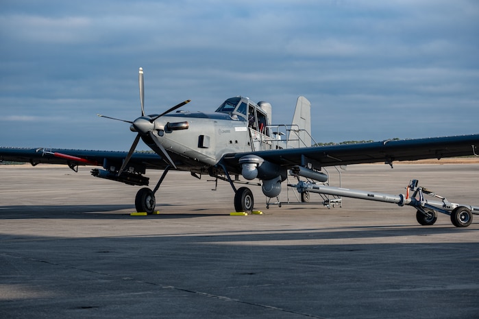 A U.S. Air Force OA-1K Skyraider II is parked on the flightline at Hurlburt Field, Florida, Jan. 28, 2025. The OA-1K Skyraider II is a new, flexible, cost-effective crewed aircraft adaptable to deliver capabilities in support of defense priorities.  (U.S. Air Force photo by Staff Sgt. Natalie Fiorilli)
