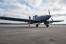 A U.S. Air Force OA-1K Skyraider II is parked on the flightline at Hurlburt Field, Florida, Jan. 28, 2025. The OA-1K Skyraider II is a new, flexible, cost-effective crewed aircraft adaptable to deliver capabilities in support of defense priorities.  (U.S. Air Force photo by Staff Sgt. Natalie Fiorilli)