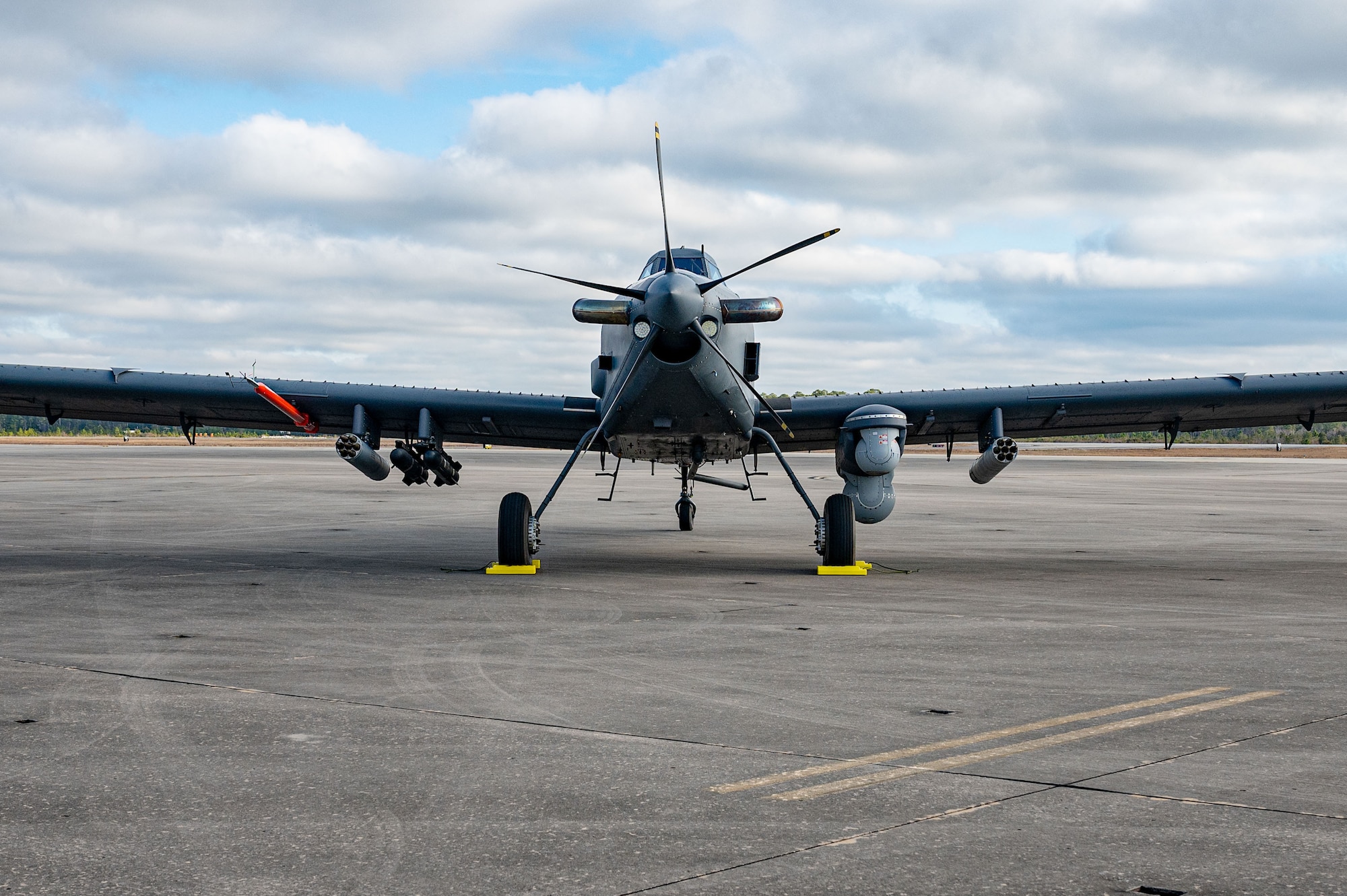 A U.S. Air Force OA-1K Skyraider II is parked on the flightline at Hurlburt Field, Florida, Jan. 28, 2025. The OA-1K Skyraider II is a new, flexible, cost-effective crewed aircraft adaptable to deliver capabilities in support of defense priorities.  (U.S. Air Force photo by Staff Sgt. Natalie Fiorilli)