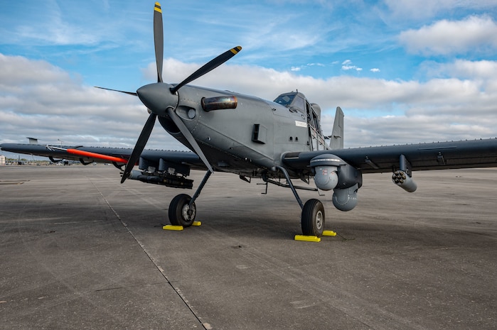 A U.S. Air Force OA-1K Skyraider II is parked on the flightline at Hurlburt Field, Florida, Jan. 28, 2025. The OA-1K Skyraider II is a new, flexible, cost-effective crewed aircraft adaptable to deliver capabilities in support of defense priorities.  (U.S. Air Force photo by Staff Sgt. Natalie Fiorilli)