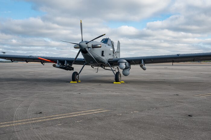 A U.S. Air Force OA-1K Skyraider II is parked on the flightline at Hurlburt Field, Florida, Jan. 28, 2025. The OA-1K Skyraider II is a new, flexible, cost-effective crewed aircraft adaptable to deliver capabilities in support of defense priorities.  (U.S. Air Force photo by Staff Sgt. Natalie Fiorilli)