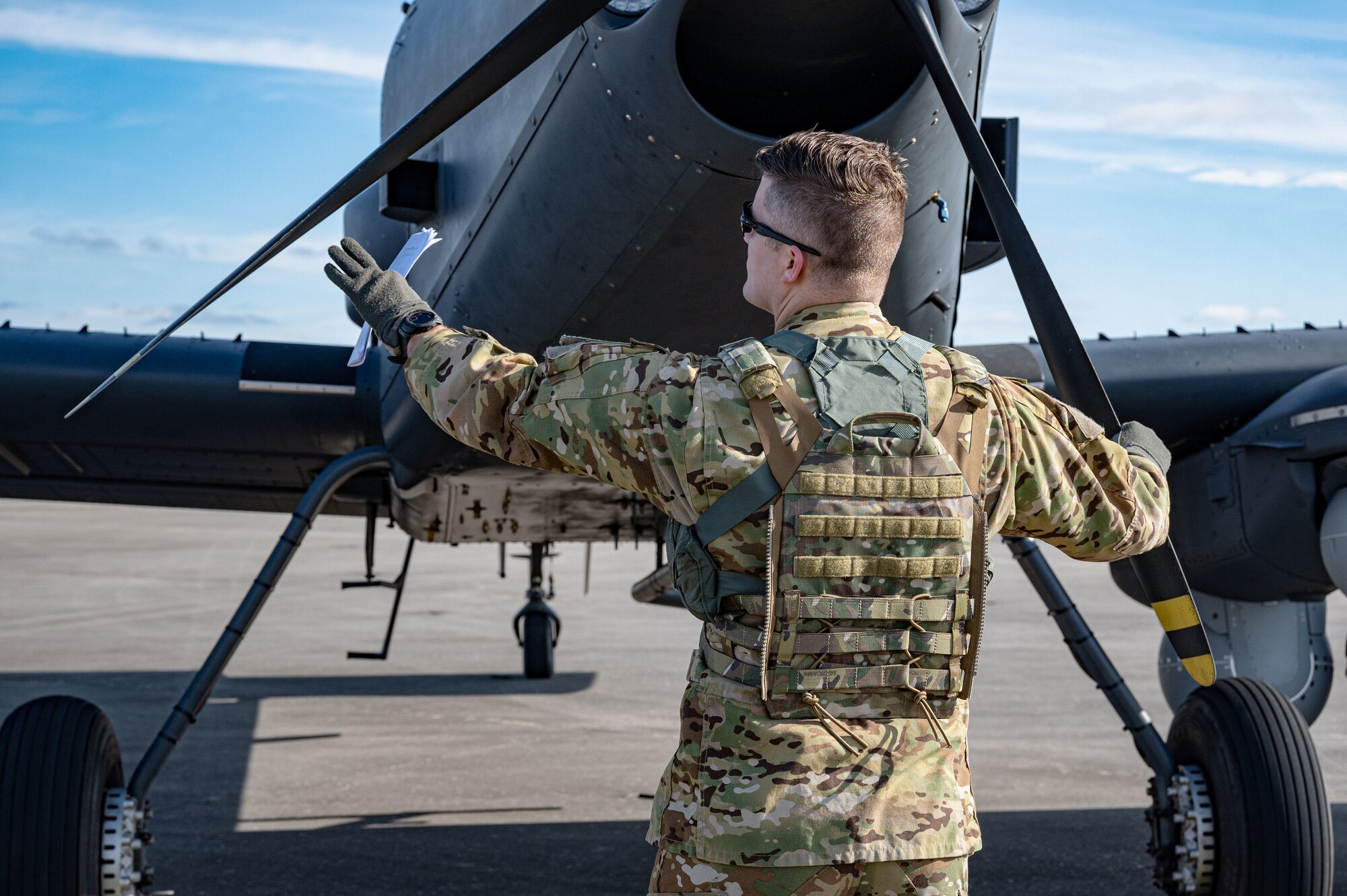 A U.S. Air Force OA-1K Skyraider II is parked on the flightline at Hurlburt Field, Florida, Jan. 28, 2025. The OA-1K Skyraider II is a new, flexible, cost-effective crewed aircraft adaptable to deliver capabilities in support of defense priorities.  (U.S. Air Force photo by Staff Sgt. Natalie Fiorilli)