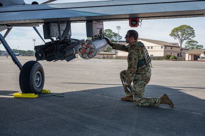 A U.S. Air Force OA-1K Skyraider II is parked on the flightline at Hurlburt Field, Florida, Jan. 28, 2025. The OA-1K Skyraider II is a new, flexible, cost-effective crewed aircraft adaptable to deliver capabilities in support of defense priorities.  (U.S. Air Force photo by Staff Sgt. Natalie Fiorilli)