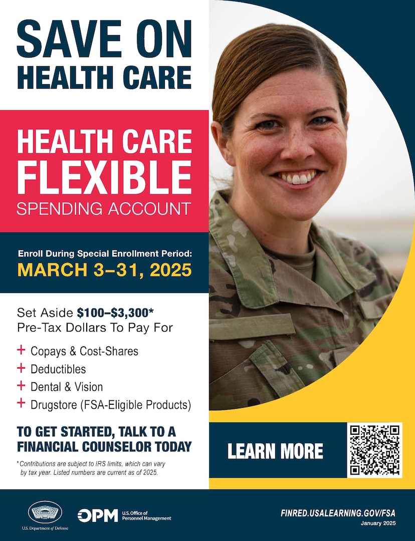 A graphic featuring the photo of a uniformed woman explains Health Care Flexible Spending Accounts.