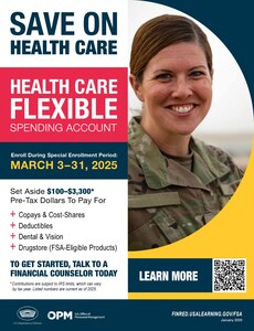 A graphic featuring the photo of a uniformed woman explains Health Care Flexible Spending Accounts.