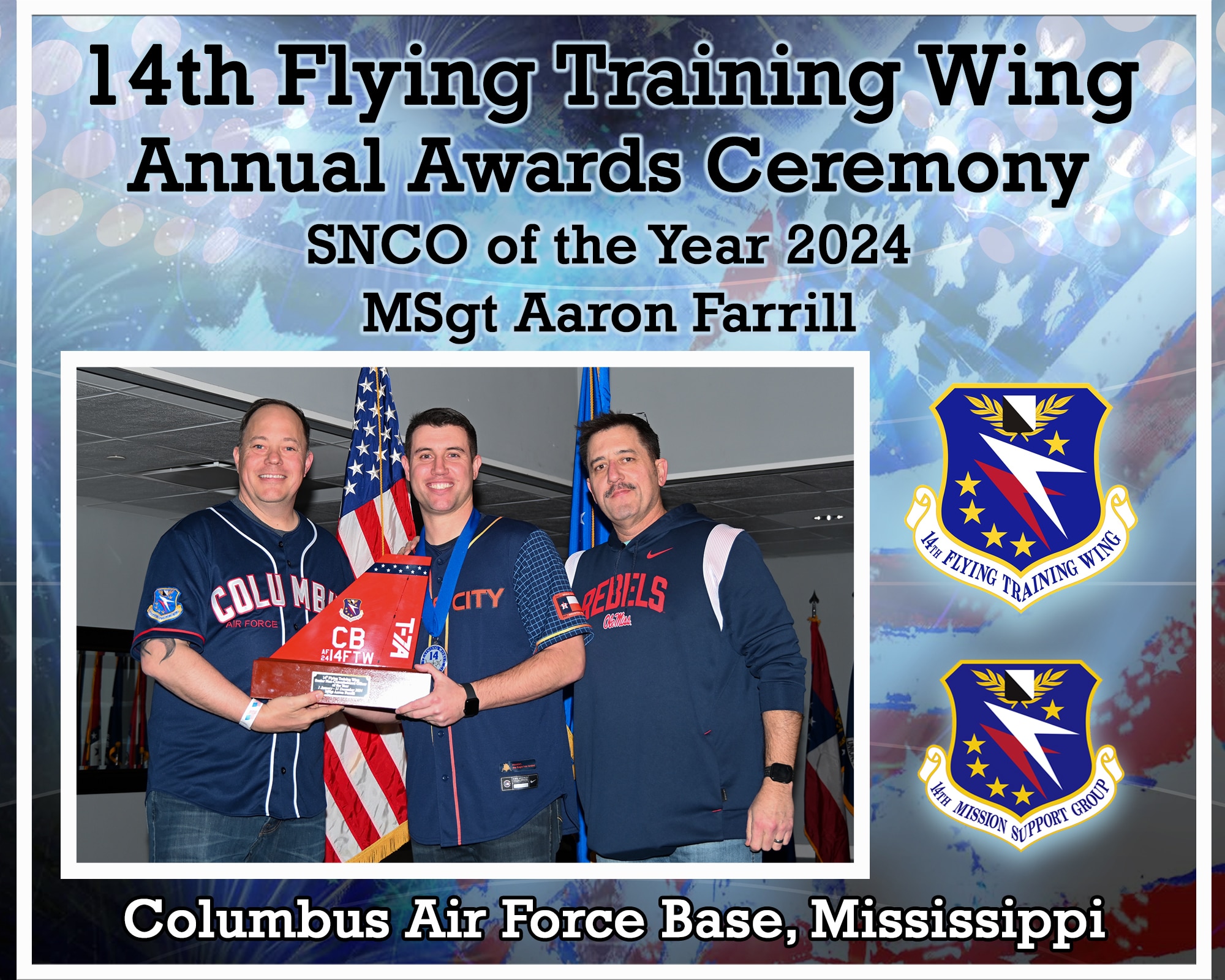 MSgt Aaron Farrill poses for a photo at the Columbus Air Force Base Event Center during Annual Awards on Columbus Air Force Base, Feb. 21, 2025.