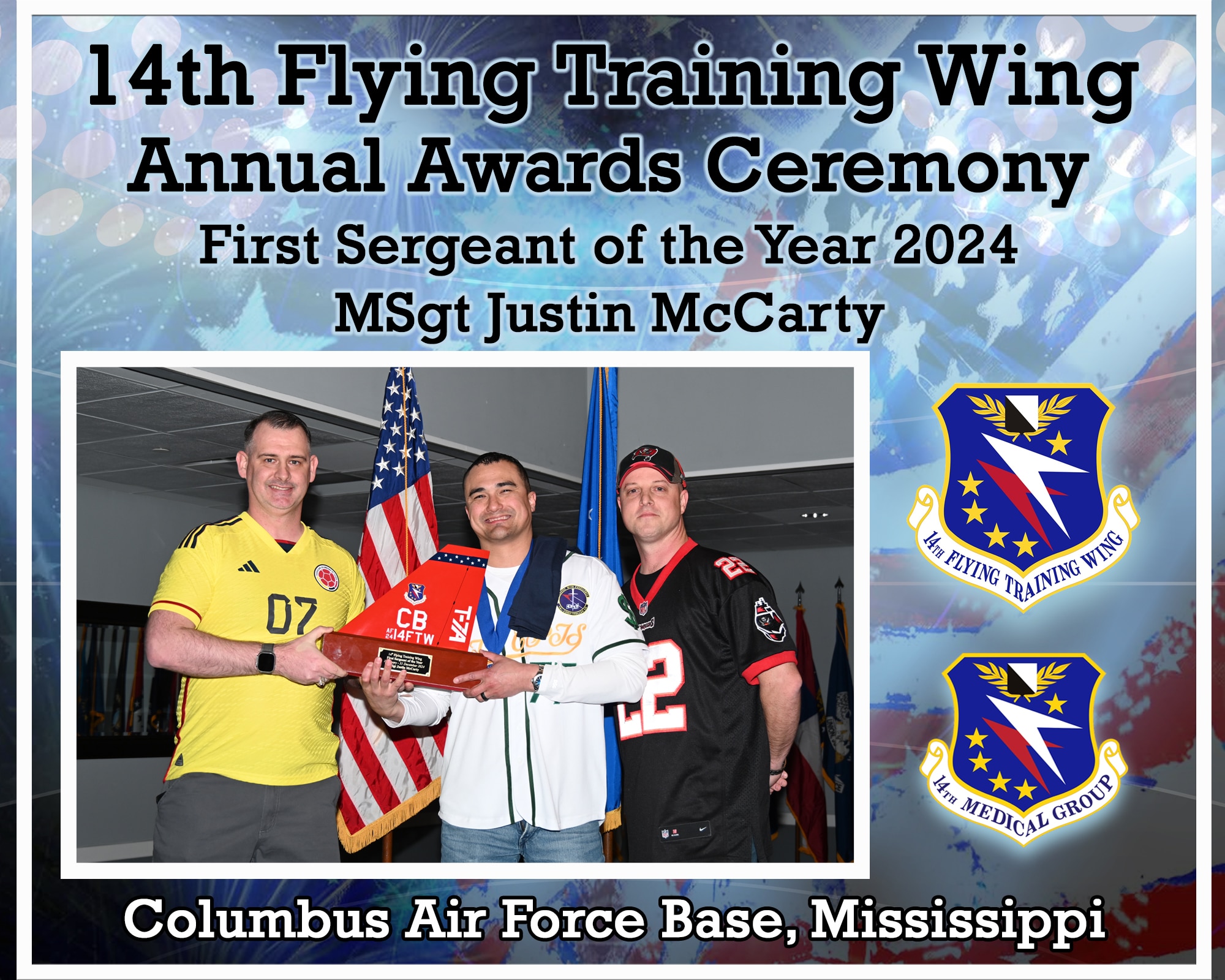 Master Sgt Justing McCarty poses for a photo during Annual Awards at the Event Center on Columbus Air Force Base, Feb. 21, 2025.