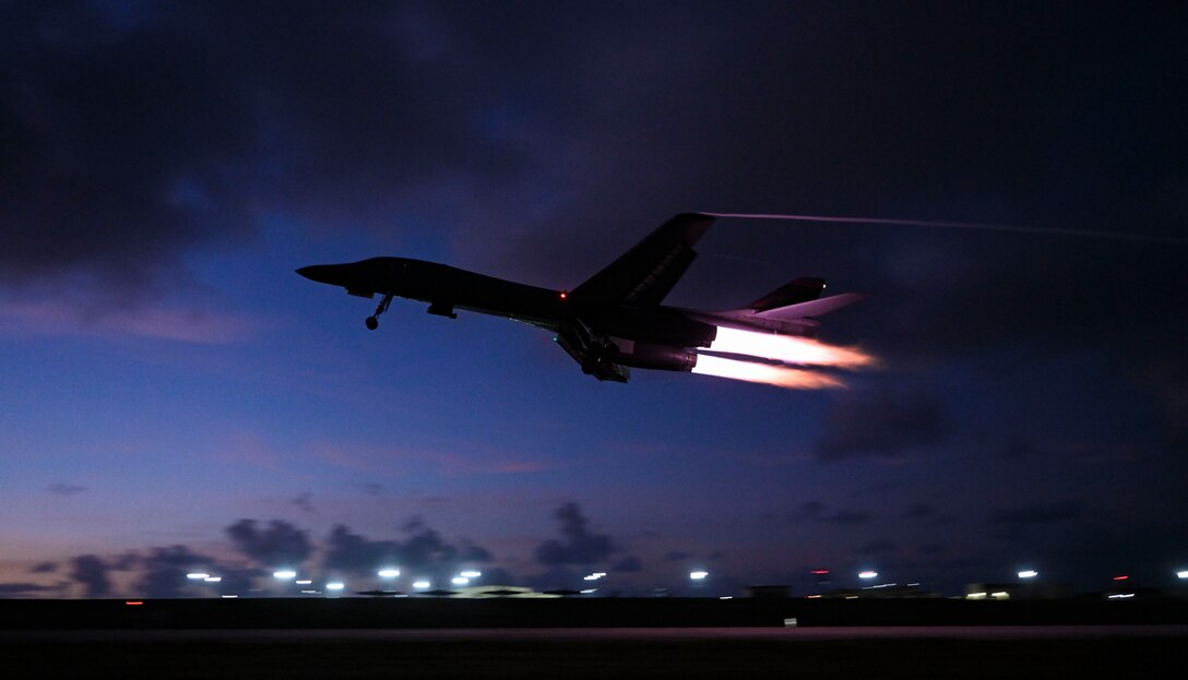 A U.S. Air Force B-1B Lancer assigned to the 34th Expeditionary Bomb Squadron, Ellsworth Air Force Base, S.D., takes off during a training mission in support of Bomber Task Force 25-1 at Andersen Air Force Base, Guam, Feb. 24, 2025.