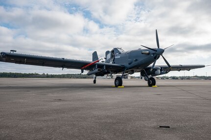 A U.S. Air Force OA-1K Skyraider II is parked on the flightline at Hurlburt Field, Florida, Jan. 28, 2025. The OA-1K Skyraider II is a new, flexible, cost-effective crewed aircraft adaptable to deliver capabilities in support of defense priorities.  (U.S. Air Force photo by Staff Sgt. Natalie Fiorilli)