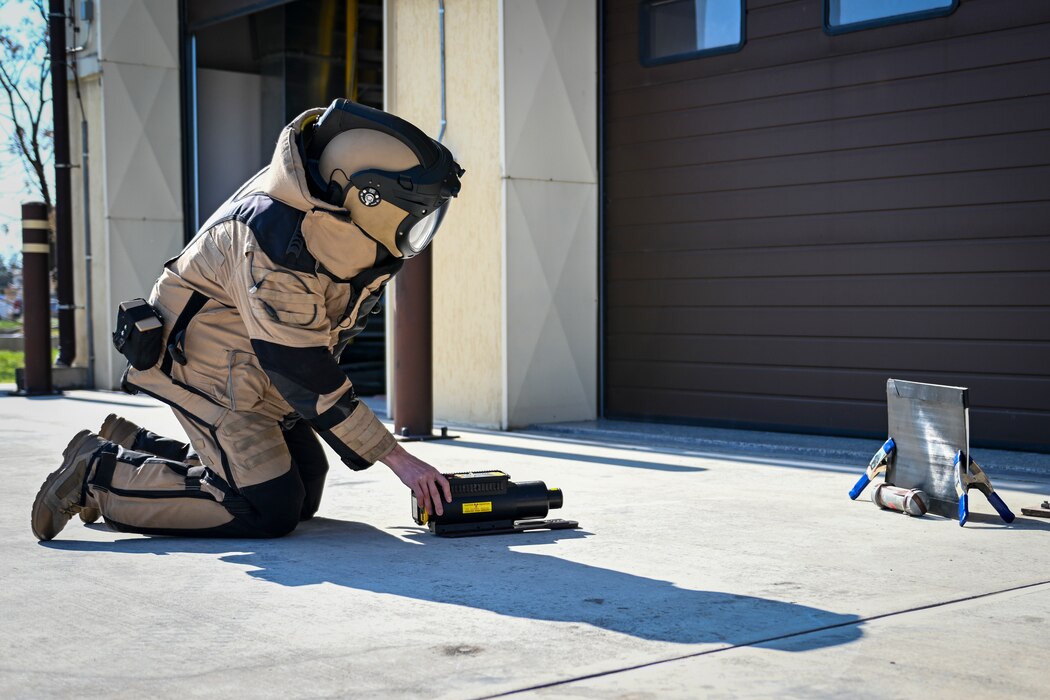 U.S. Air Force Staff Sgt. Justin Hebenstreit, 39th Civil Engineer Squadron explosive ordnance disposal technician assigned, places down an X-ray device during an EOD training scenario at Incirlik Air Base, Türkiye, Feb. 27, 2025. EOD training prepares technicians to safely detect, disarm, and dispose of explosive threats, ensuring the safety of both military personnel and the surrounding community. (U.S. Air Force photo by Senior Airman Haiden Morris)