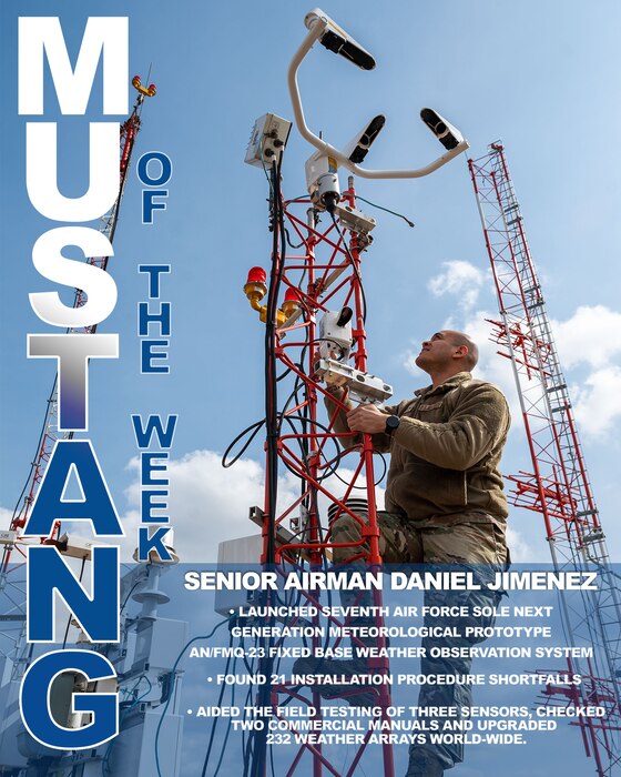 U.S. Air Force Senior Airman Daniel Jimenez, 51st Operations Support Squadron, radar airfield weather systems technician, installs, maintains and repairs mobile air traffic control and landing systems, at Osan Air Base, Republic of Korea, Feb. 25, 2025. Jimenez was recognized for his contributions to the unit, earning Mustang of the Week. His accomplishments include instructing personnel with core lifesaving techniques, executing 676 safety checks and launching Seventh Air Force’s sole next generation meteorological prototype AN/FMQ-23 fixed base weather observation system. (U.S. Air Force photo illustration by Senior Airman Sabrina Fuller-Judd)