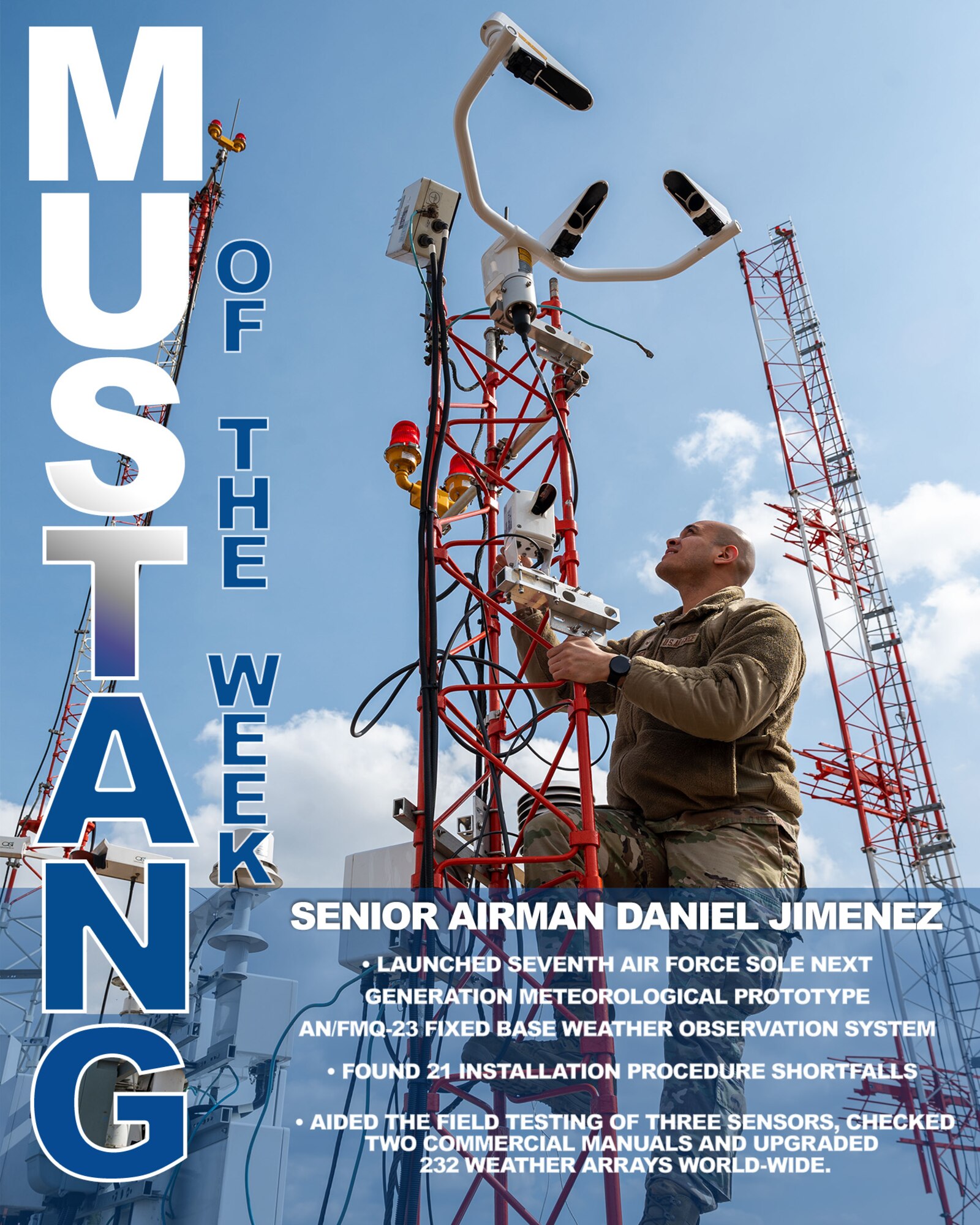 U.S. Air Force Senior Airman Daniel Jimenez, 51st Operations Support Squadron, radar airfield weather systems technician, installs, maintains and repairs mobile air traffic control and landing systems, at Osan Air Base, Republic of Korea, Feb. 25, 2025. Jimenez was recognized for his contributions to the unit, earning Mustang of the Week. His accomplishments include instructing personnel with core lifesaving techniques, executing 676 safety checks and launching Seventh Air Force’s sole next generation meteorological prototype AN/FMQ-23 fixed base weather observation system. (U.S. Air Force photo illustration by Senior Airman Sabrina Fuller-Judd)