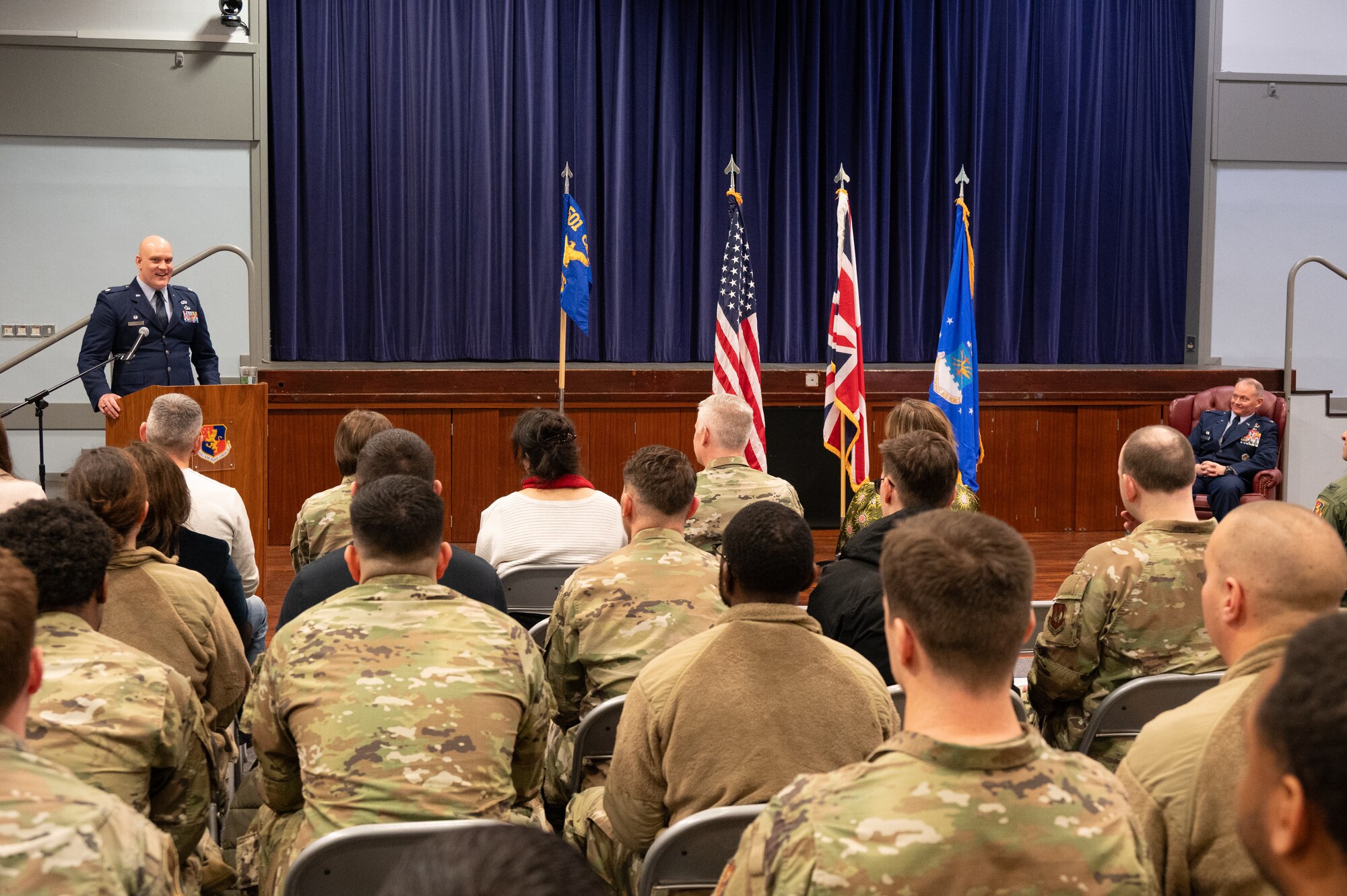 U.S. Air Force Lt. Col. Brian Erickson, 501st Combat Support Wing Comptroller Squadron commander, speaks during the 501st CSW Comptroller Squadron stand-up ceremony