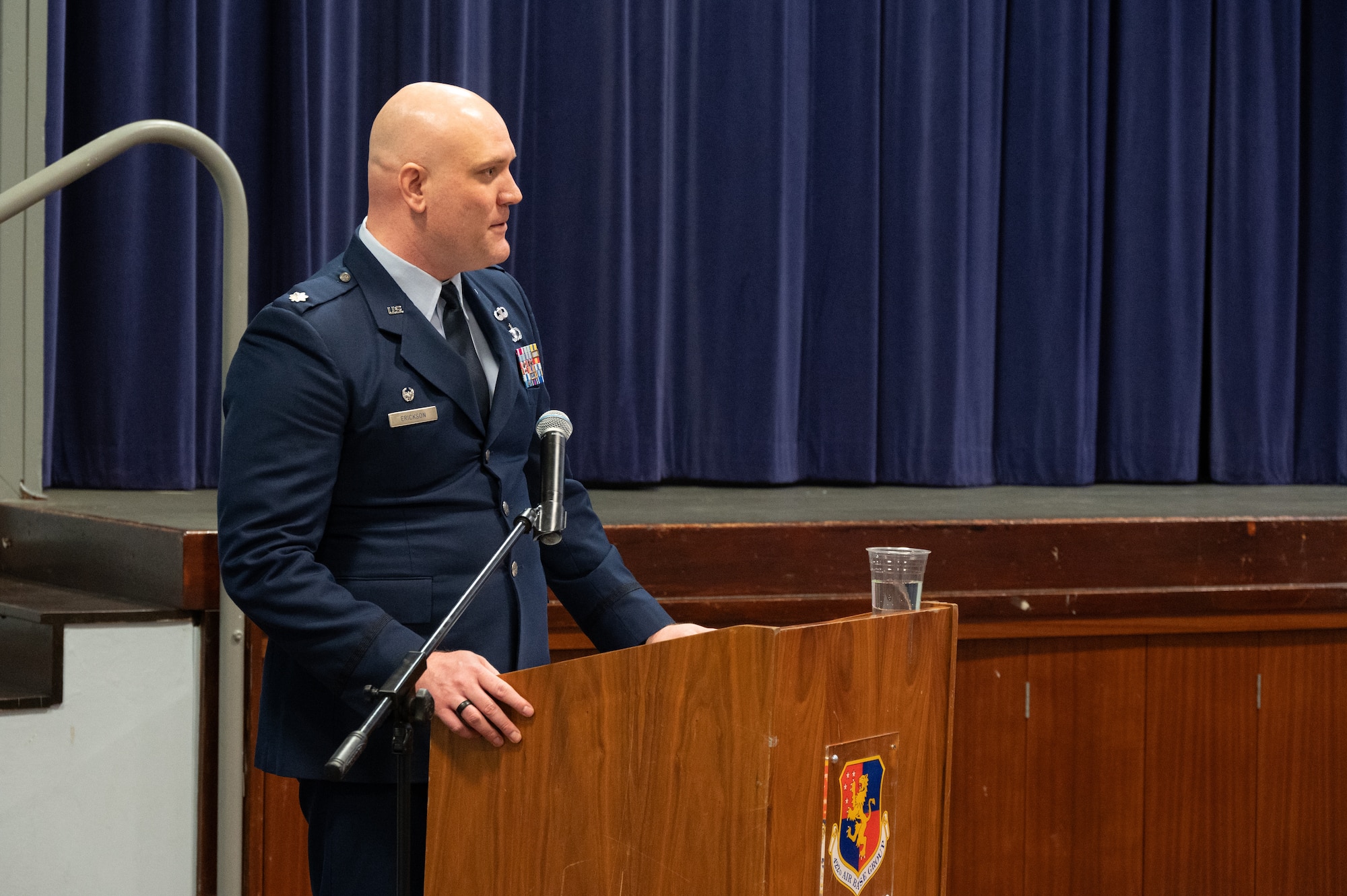 U.S. Air Force Lt. Col. Brian Erickson, 501st Combat Support Wing Comptroller Squadron commander, speaks