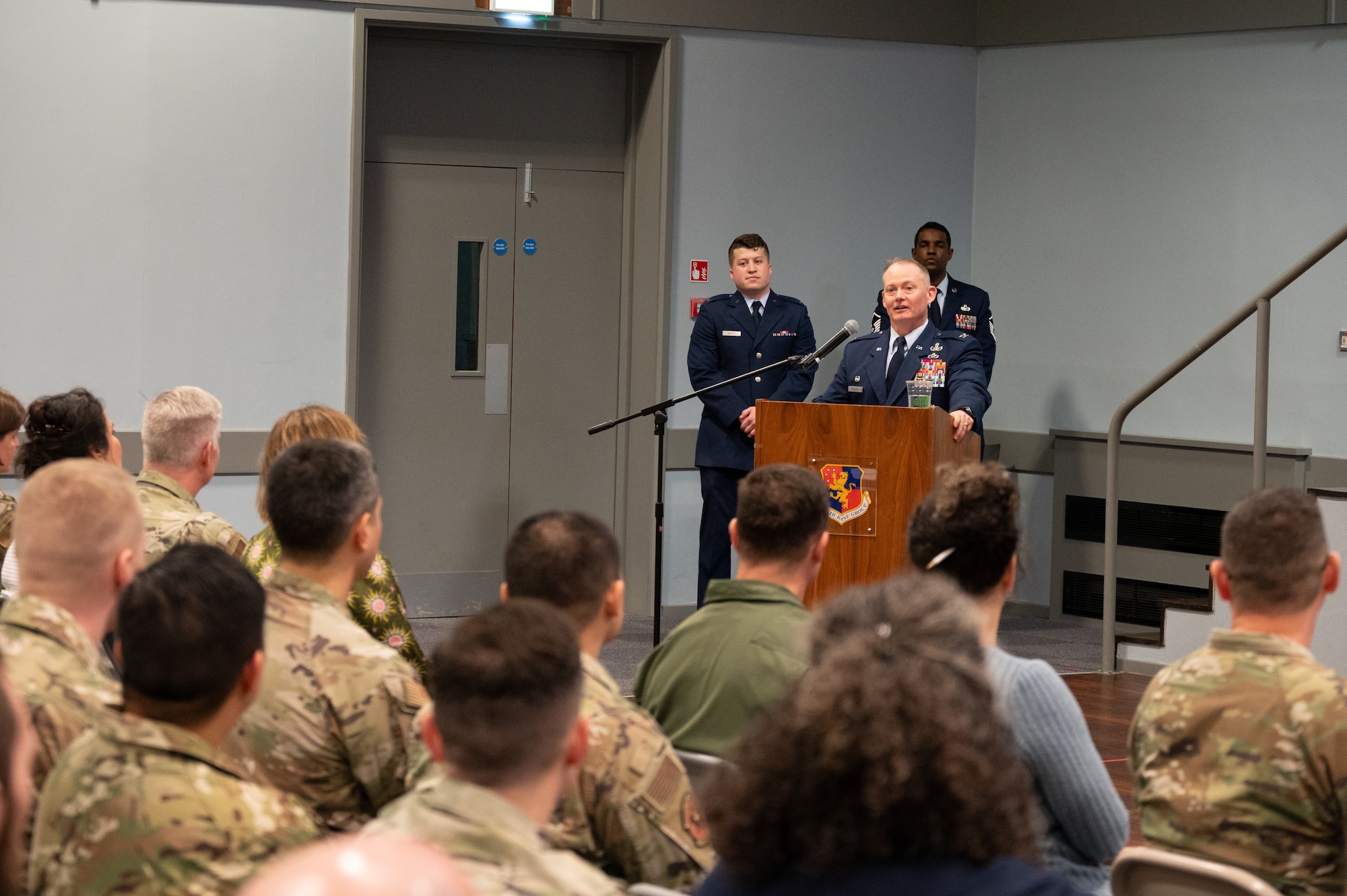 U.S. Air Force Col. D. Landon Phillips, 501st Combat Support Wing commander, speaks during the 501st CSW Comptroller Squadron stand-up ceremony at RAF Croughton