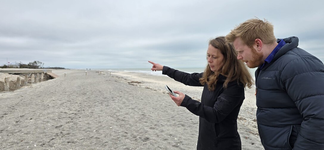 U.S. Army Corps of Engineers (USACE) Mobile District Coastal Engineer, Elizabeth Godsey surveys coastal damages in Mansota Key with Economist Evan Jonson from Jacksonville District for the Charlotte County Coastal Storm Risk Management (CSRM) study.
