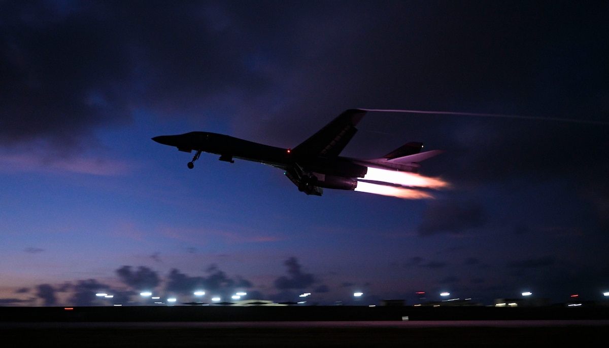 A B-1B Lancer assigned to the 34th Expeditionary Bomb Squadron, Ellsworth Air Force Base, S.D., takes off during a training mission in support of Bomber Task Force 25-1 at Andersen Air Force Base, Guam, Feb. 24, 2025. Bomber missions provide opportunities to train and work with U.S. allies and partners in joint and coalition operations and exercises. (U.S. Air Force photo by Tech. Sgt. Robert M. Trujillo)