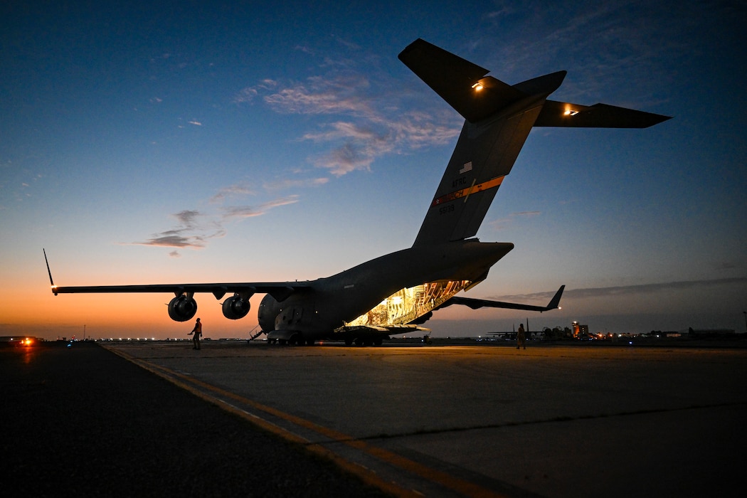 A U.S. Air Force C-17 Globemaster III prepares to load