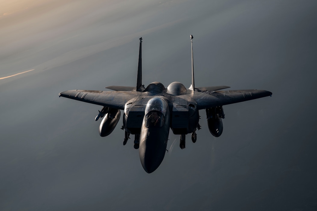 A U.S. Air Force F-15E Strike Eagle soars over the U.S. Central Command area of responsibility