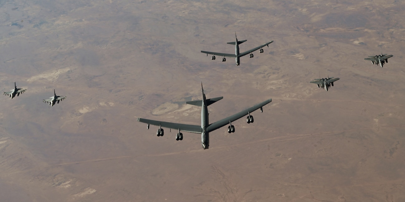 Two U.S. Air Force B-52H Stratofortress long-range strategic bombers, two F-15E Strike Eagles and two Iraqi Air Force F-16IQ Fighting Falcons