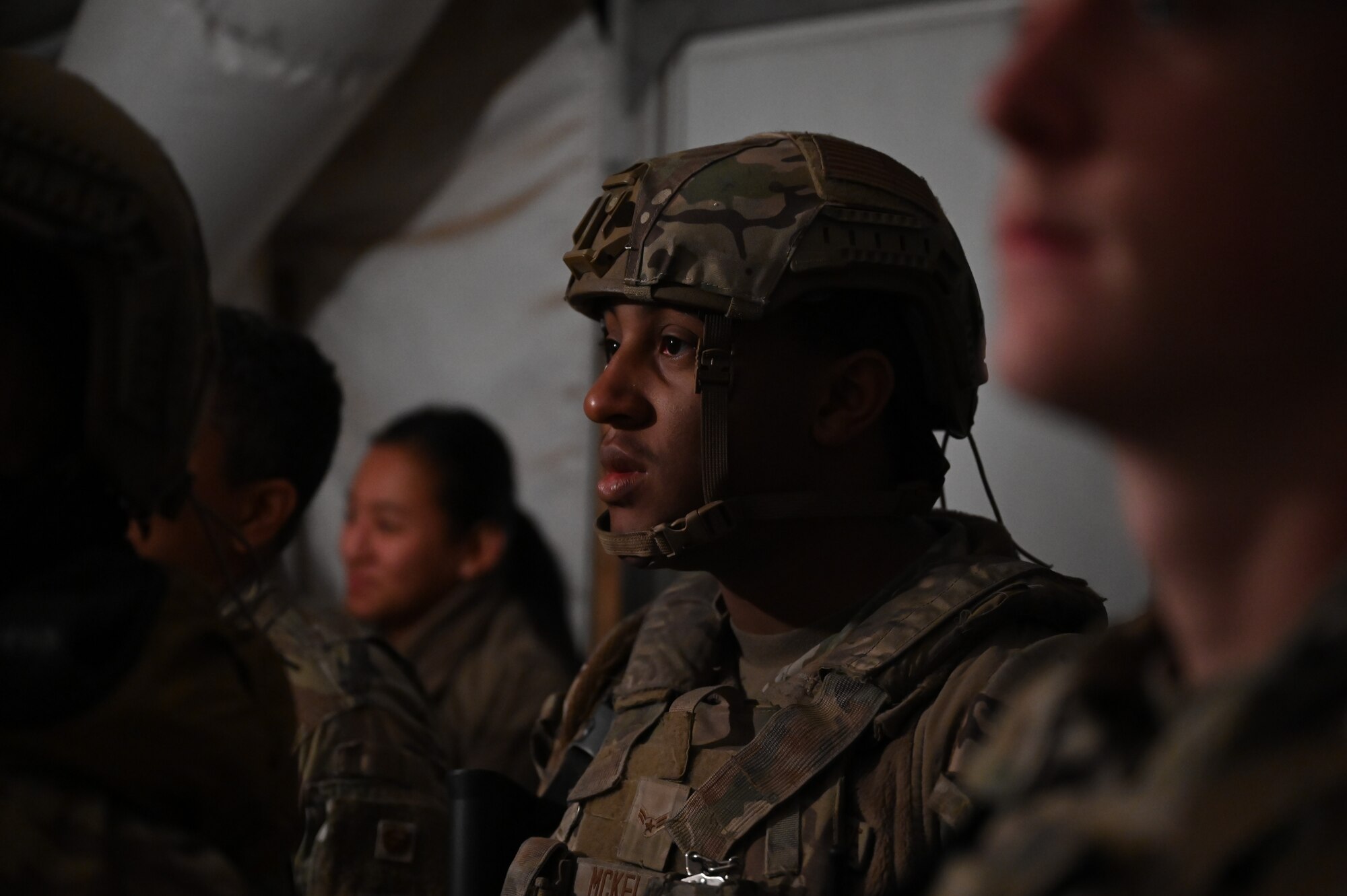 Airman 1st Class Joshua McKellar, 377th Weapons Systems Security Squadron site entry controller alarm monitor, attends a brief during an incident response exercise, Feb. 27, in Santa Fe, N.M. As the first line of defense, Security Forces play a vital role in the exercise by establishing perimeter security, controlling site access, and coordinating with partner agencies. (U.S. Air Force photo by Airman 1st Class Donnell Schroeter)